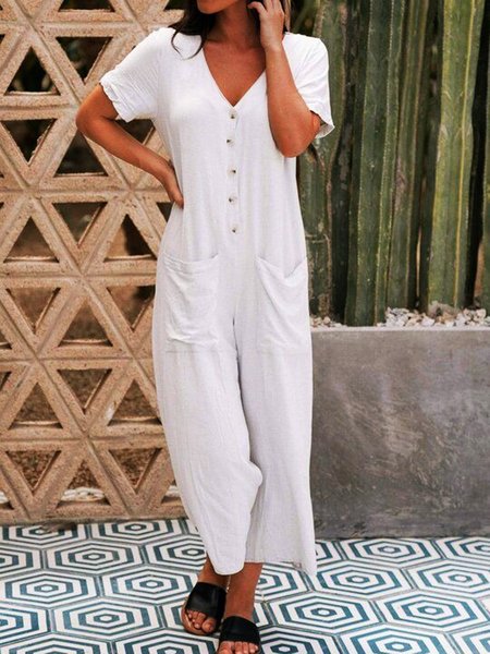 

Casual Pockets Buttoned V Neck Cotton Loosen Jumpsuit & Romper, White, Jumpsuits