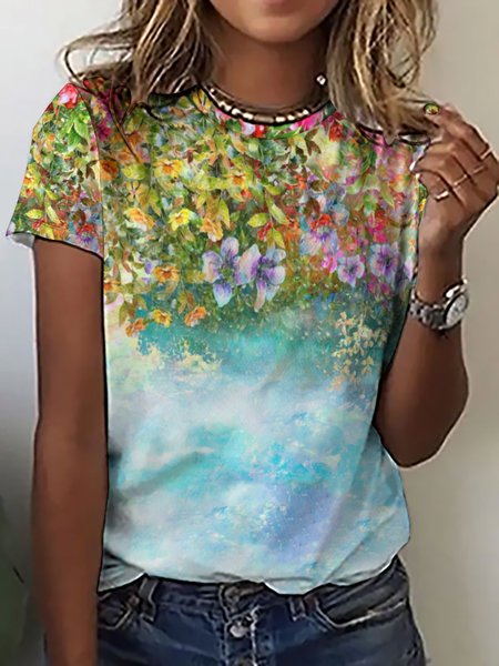 

Casual Simple Floral Gradient Print Crew Neck T-Shirt, As picture, T-shirts