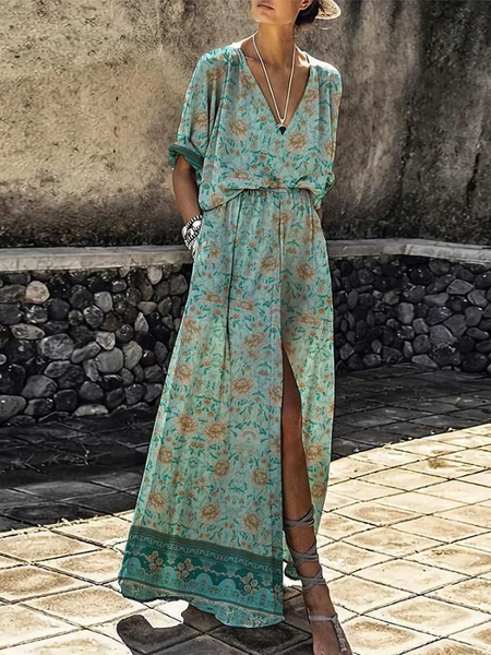 

Loosen Short Sleeve Woven Dress, Green, Maxi Dresses