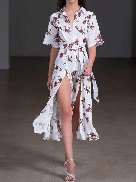 

Shirt Collar Vacation Short Sleeve Woven Dress With Belt, White, Midi Dresses