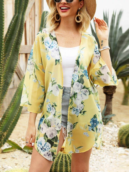 

V Neck Vacation Loosen Cardigan Floral, Yellow, Cardigans