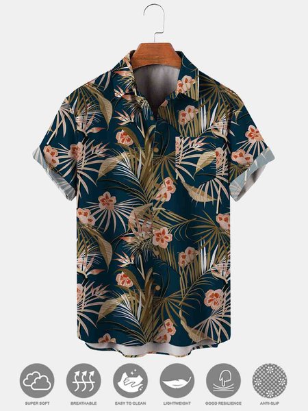 

Men's Leaf Print Moisture Wicking Fabric Trendy Lapel Short Sleeve Shirt, Green, Men's Floral shirt