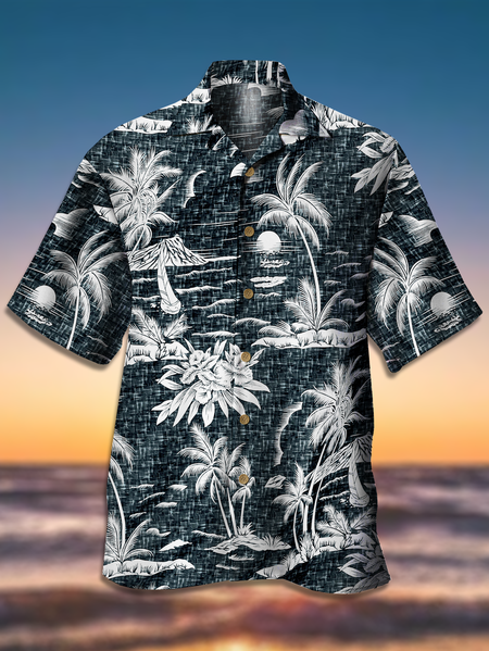 

Resort Style Hawaiian Series Botanical Coconut Tree Element Pattern Lapel Short-Sleeved Polo Print Top, Multicolor, Men's Floral shirt