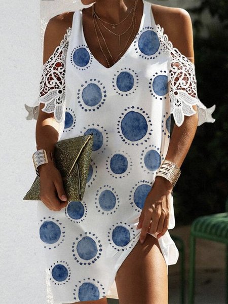

Polka Dots V Neck Lace Short Sleeve Plus Size Casual Dress, White, Mini Dresses