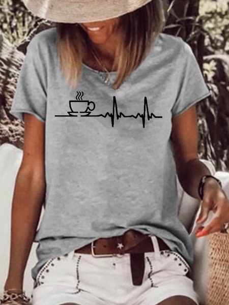 

Womens Coffee Line Printed Casual Short Sleeve T-Shirt, Gray, T-shirts
