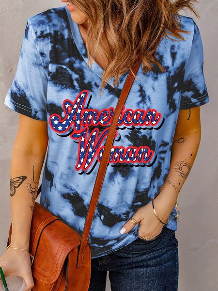 

Tie-dye Letter Printed Casual Short Sleeve V-neck T-Shirt, Blue, T-Shirts