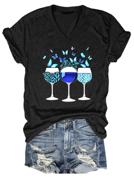 

Blue Wine Print V-neck T-shirt, Black, T-shirts