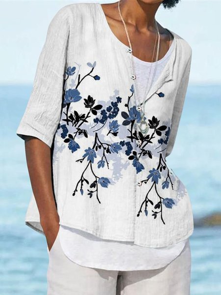 

Casual Crew Neck Mid Sleeve Blouse, White-blue, Blouses & Shirts