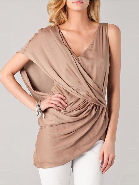 

V Neck Casual Short Sleeve Tops, Khaki, Tops