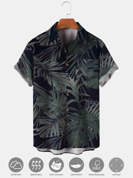 

Men's Leaf Print Moisture Wicking Fabric Trendy Lapel Short Sleeve Shirt, Green, Short Sleeve Shirts