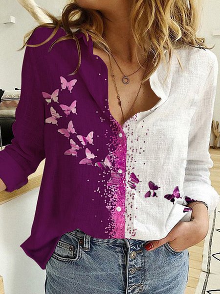 Casual Shirt Collar Loosen Long Sleeve Blouse, Fuchsia, Blouses & Shirts