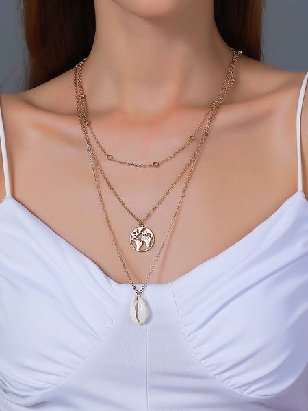 Vacation Boho Shells Layered Necklace Dress Jewelry, Golden, Necklaces