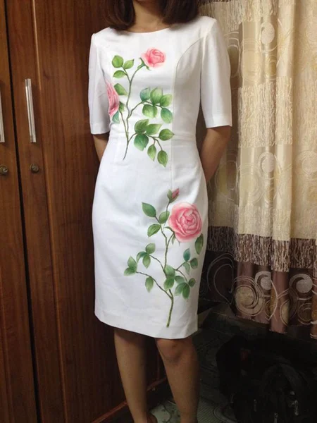 

Crew Neck Regular Fit Elegant Half sleeve Woven Dress, White, Midi Dresses
