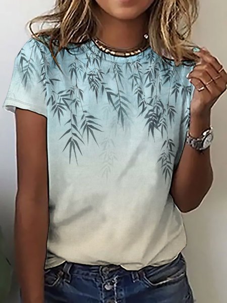 

Casual Simple Leaf Gradient Print Crew Neck T-Shirt, As picture, T-shirts