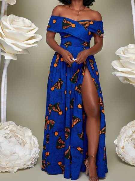 

Boat Neck Printed Loosen Short Sleeve Woven Dress, Blue, Maxi Dresses