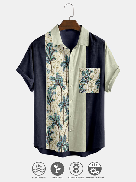

Cotton Linen Style Botanical Floral Geometric Patchwork Print Lapel Cozy Linen Shirt, As picture, Men's Floral shirt