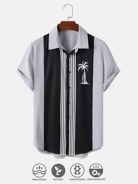 

Cotton and Linen Style Hawaiian Coconut Tree Geometric Stripe Print Lapel Cozy Linen Shirt, As picture, Men's Floral shirt