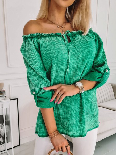 

Basics Cotton Blends Loosen Long Sleeve Tops, Green, Tops