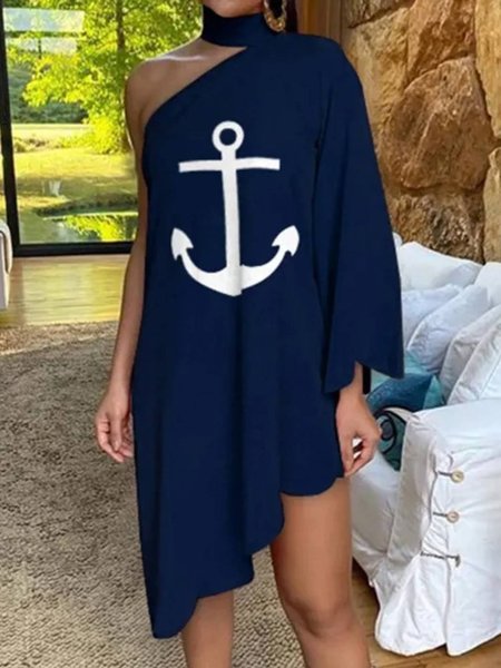 

Anchor Print One Shoulder Asymmetrical Casual Dress, Navyblue, Mini Dresses