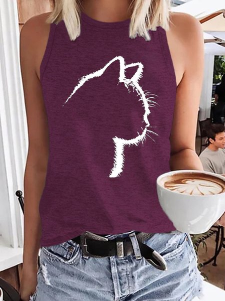 Women's Cute Cats Printed Casual Knit, Wine red, Tank Tops