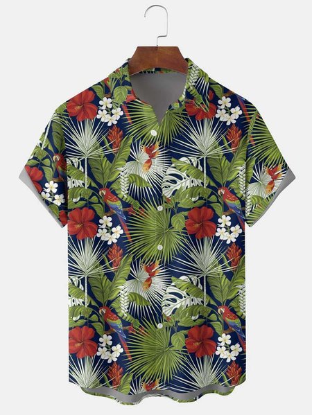 

Men's Vintage Parrot Print Casual Breathable Hawaiian Short Sleeve Shirt, Green, Men's Floral shirt