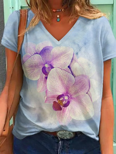 

V Neck Floral Short Sleeve T-Shirt, Blue, T-Shirts