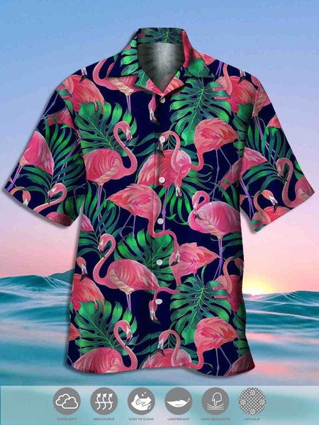 

Men's Flamingo Print Hawaiian Collar Short Sleeve Trendy Aloha Shirt, Deep blue, Men's Floral shirt
