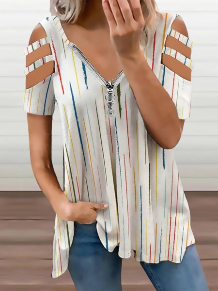 

Women's Colorful Stripes Casual Short Sleeve off-the-shoulder top, As picture, Blouses