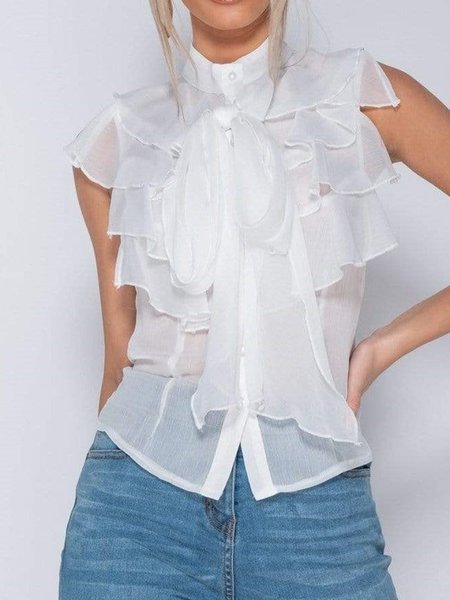 

Stand Collar Elegant Short Sleeve Top, White, Tops