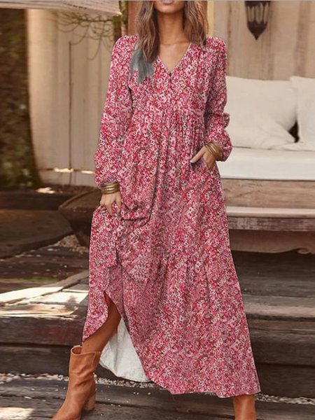 

Casual Floral Long Sleeve V Neck Plus Size Printed Dress, Red, Maxi Dresses