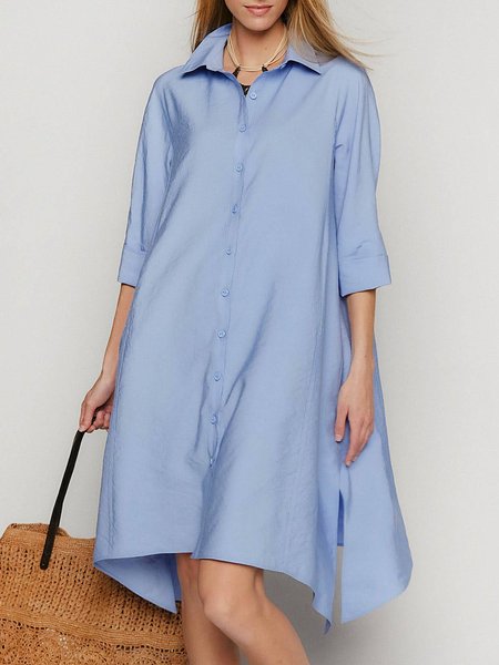 

Shirt Collar Casual Solid Half Sleeve Woven Dress, Blue, Mini Dresses