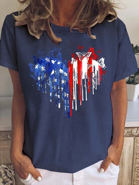 

Heart American Flag Print Crew Neck T-shirt, Deep blue, T-shirts
