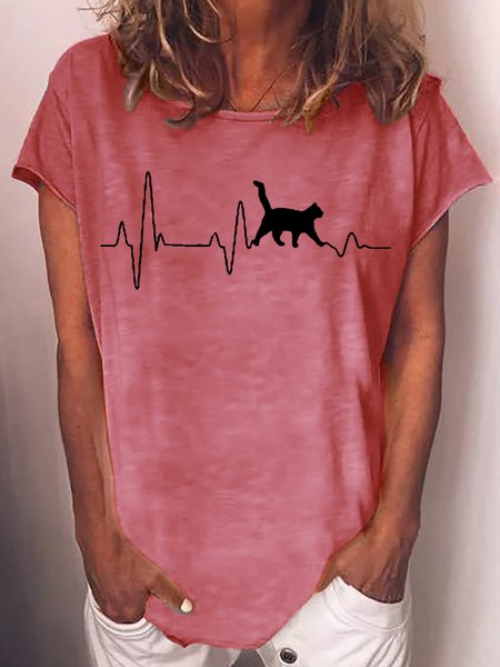

Women's Fashion Funny Heartbeat Lifeline Letters Print Short Sleeve T-Shirt, Red, T-shirts
