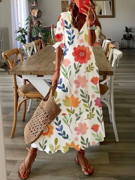 

Loosen Casual Short Sleeve Woven Dress, White, Maxi Dresses