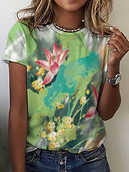 

Casual Abstract Lotus Print Crew Neck T-shirt, As picture, T-shirts