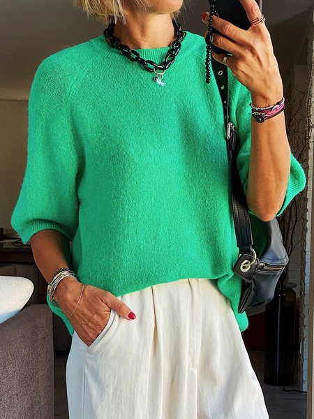 

Vacation Casual Raglan Sleeve Round Neck Loose Sweater, Green, Sweaters