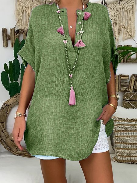 

Womens Linen Tunic Tops Short Sleeve Loose Fitting Daily Casual Plain Button Up Basic Tops, Green, Tunics