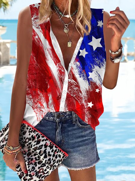 

Gradient color block geometric star American flag day print button top shirt Plus Size, Red-blue, Blouses & Shirts