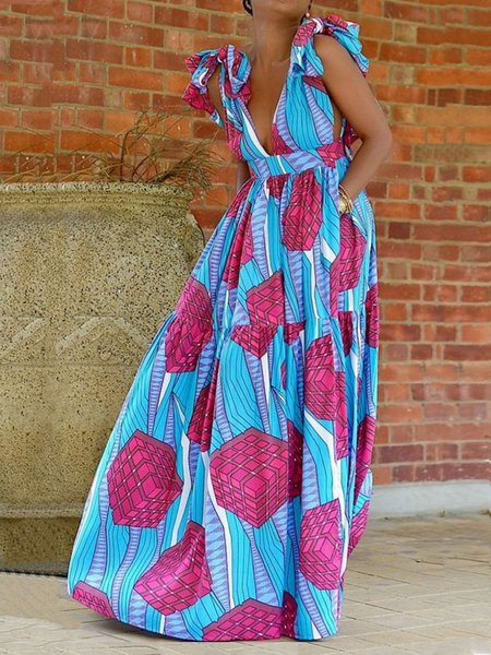 

Vacation Geometric V Neck Sleeveless Woven Dress, Blue, Maxi Dresses