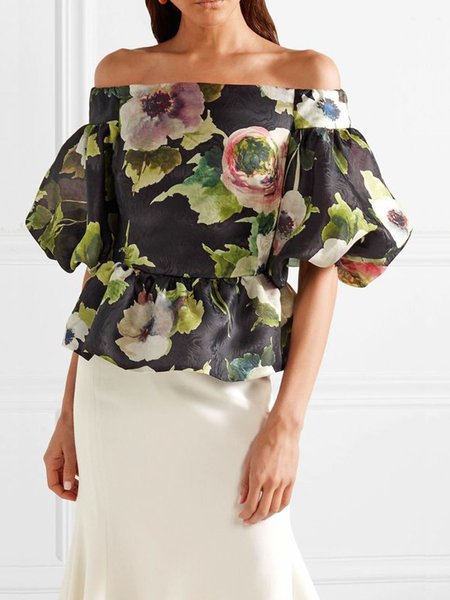 

Loosen Vacation Boat Neck Short Sleeve Tops, As picture, Tops