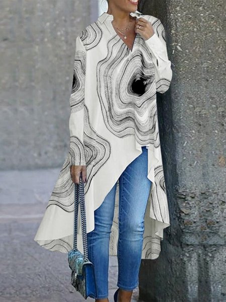 

Casual Printed Abstract Long Sleeve Shirt Collar Top, As picture, Tops