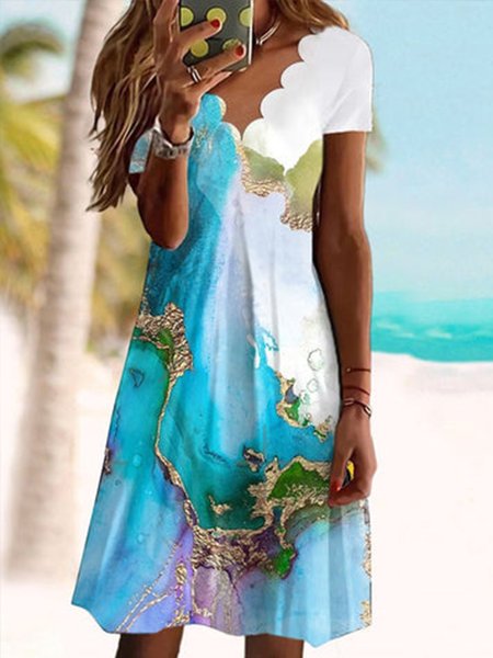 

V Neck Regular Fit Basics Short Sleeve Knit Dress, White-blue, Mini Dresses