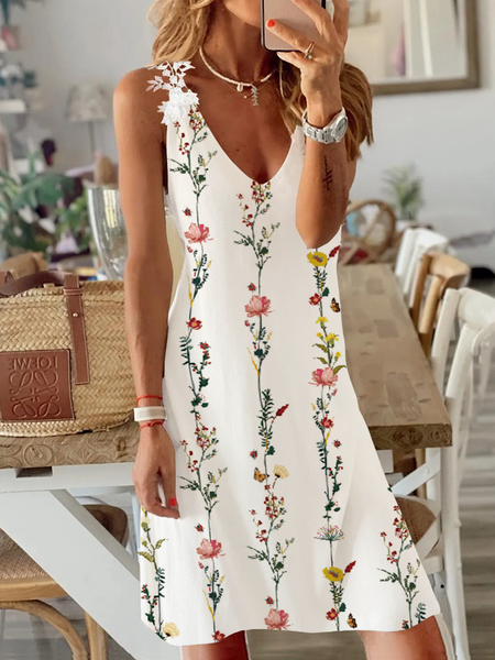 

V Neck Loosen Floral Short Sleeve Knit Dress, Apricot, Dresses