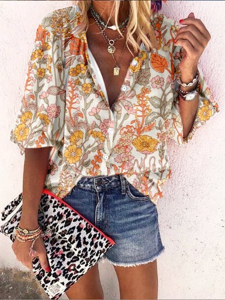 

Floral Casual Loosen Buttoned Round Neck Three Quarter Blouse, Yellow, Blouses & Shirts