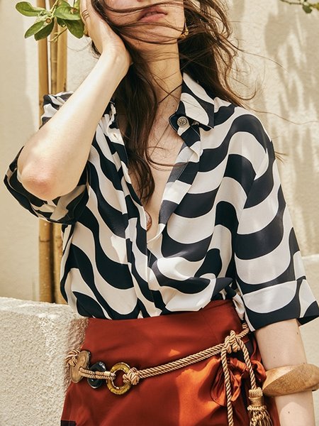 

Animal Shirt Collar Vacation Mid Sleeve Blouse, Black, Blouses and Shirts