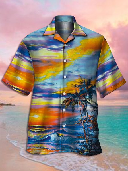 

Men's Oil Painting Coconut Tree Print Casual Breathable Hawaiian Short Sleeve Shirt, Blue, Men's Floral shirt