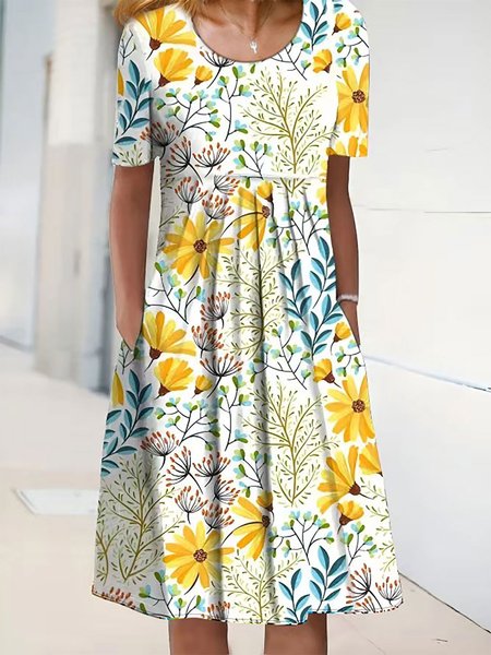 

Vacation Floral Regular Fit Cotton Blends Short Sleeve Knit Dress, Multicolor, Mini Dresses