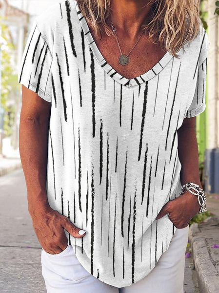

Casual Striped Funny V Neck Short Sleeve T-Shirt, Black-white, T-shirts