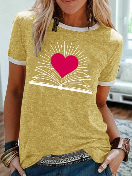 

Womens Love Book And Reading Book Print Casual Short Sleeve T-Shirt, Yellow, T-shirts