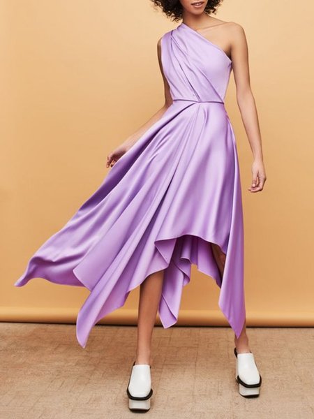 

One Shoulder Regular Fit Romantic Sleeveless Woven Dress, Purple, Midi Dresses